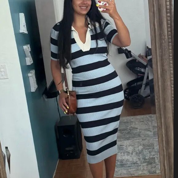 A.L.C. Blue Black Stripe Polo Midi Dress XL Preppy Ribbed Knit Designer $500 - Picture 8 of 12